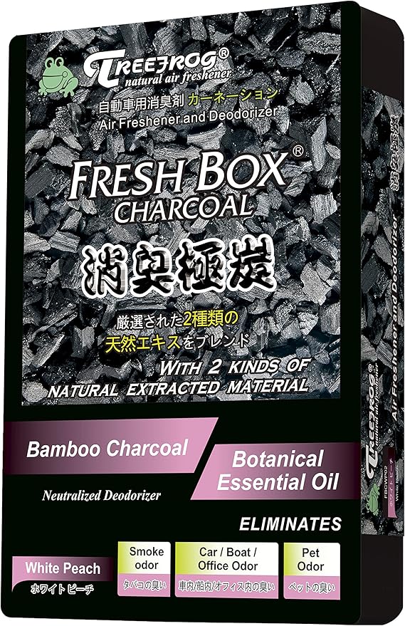 Treefrog Xtreme Fresh Box Charcoal White Peach Scent 3-Pack Car Air Freshener, Deodorizer and Neutralizer air, Plus Smelling Great, Black Bamboo Charcoal, Generously Large Size 200g.