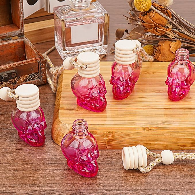 Skull Car Air Freshener, Hanging Refillable Diffuser Bottles for Essential Oils, Perfume Pendant for Auto Interior Decor & Aromatherapy (6Pcs Rose Red)