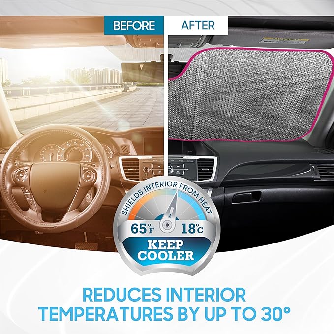 BDK Pink Flamingo Floatie Front Windshield Sunshade Accordion Folding Style Auto Shade for Car Truck SUV Van Blocks UV Rays Sun Visor Protector Easy Setup Keeps Your Vehicle Cool - 58 x 27 inches