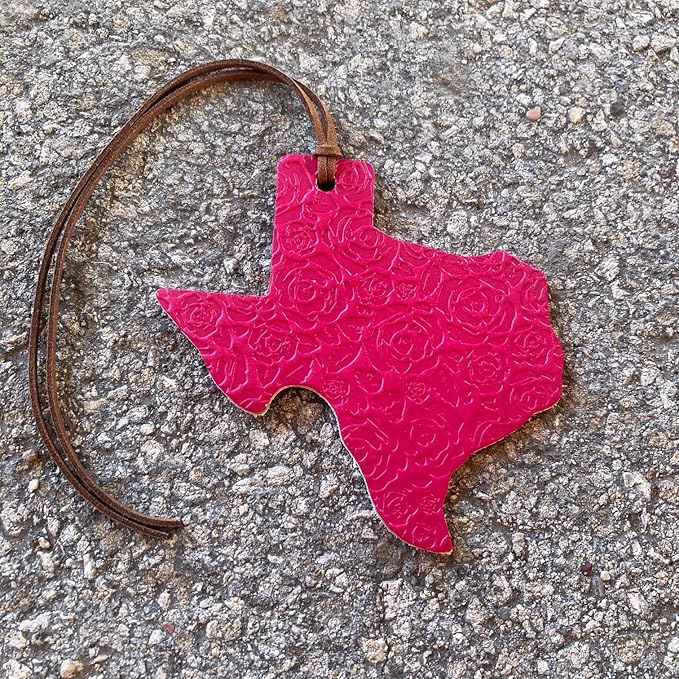 Air Flair | Leather Car Air Freshener | Texas Shape | Rose Pattern (Fuchsia, 7) Coconut Lime Scent)