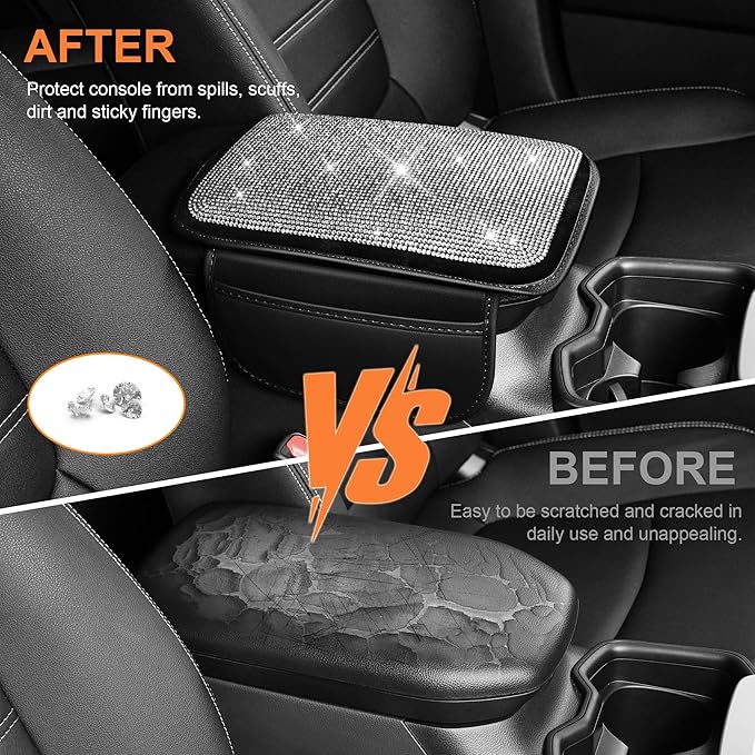 Bling Car Center Console Cover Custom Fit for Jeep Gladiator - Leather Armrest Cover with 2 Storage Pockets and Crystal Rhinestones(Black)