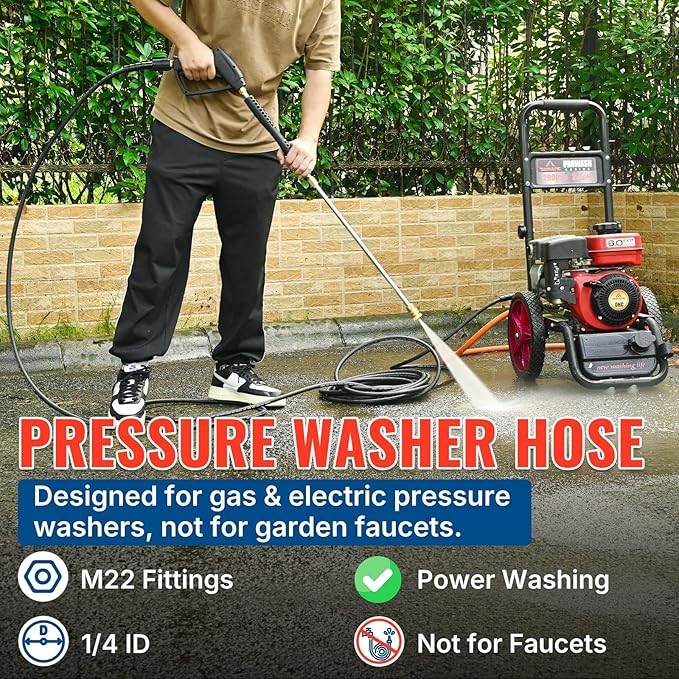YAMATIC Pressure Washer Hose 50FT x 1/4", 3200 PSI Kink Resistant OEM-Quality Upgrade Power Washer Replacement/Extension with M22-14mm Brass Fittings for Ryobi, Troy Bilt, Greenworks, CRAFTSMAN