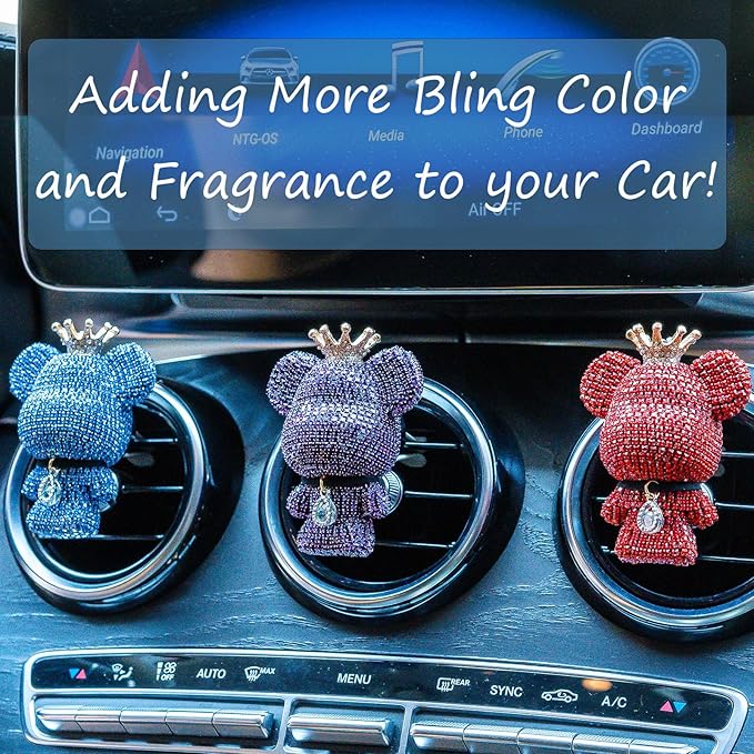 Cute Car Accessories, Bling Crystal Bear Car Air Freshener With Vent Clip,Rhinestone Aesthetic Car Decor Interior Decoration (BLACK)