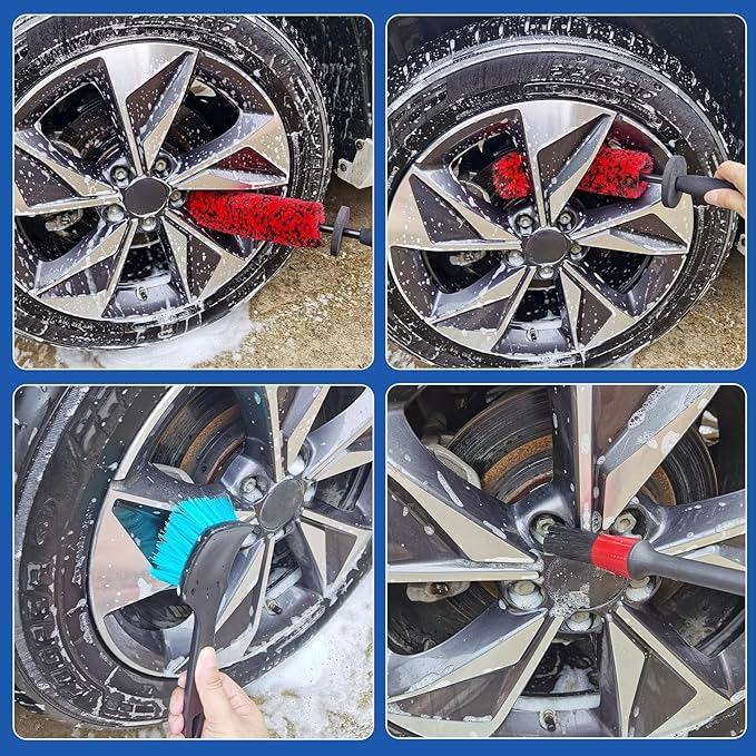 4 Pack Car Wheel and Tire Cleaner Brushes Kit Auto Motorcycle Rim Hub Ultra Soft Microfiber No Spatter Bendable Woolies Bristle Cleaning Set