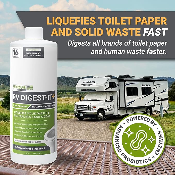 Unique RV Digest-It+, 16 Extra-Strength RV Toilet Treatments - Liquifies Waste and Toilet Paper - Odor Eliminator (32 oz)
