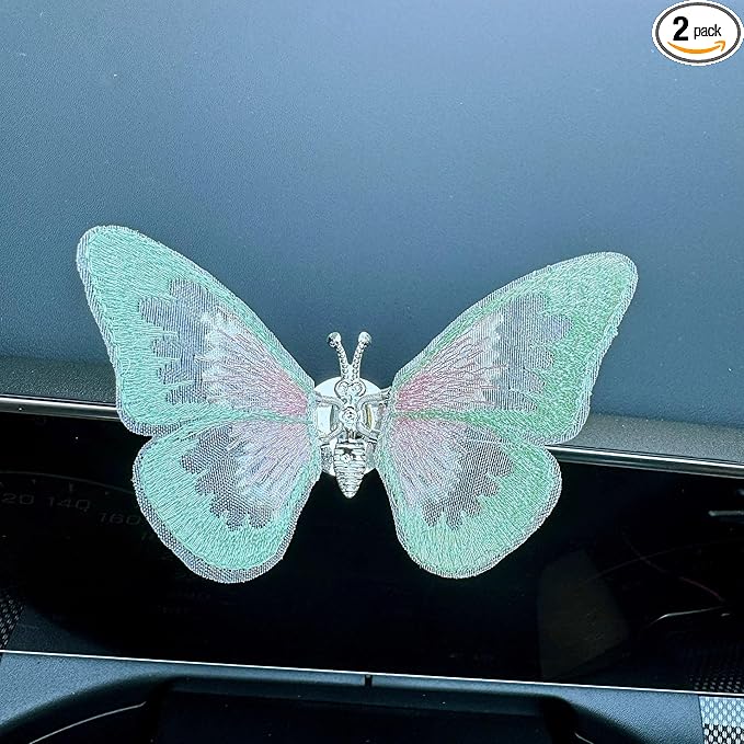 2 Pcs Embroidery Fragrance Butterfly Decoration, Butterfly Car Vent Clips, Embroidery Fragrance Butterfly Car Air Freshener Clip Charm Car Inter Decor Cute Car Accessories for Women Girls-green
