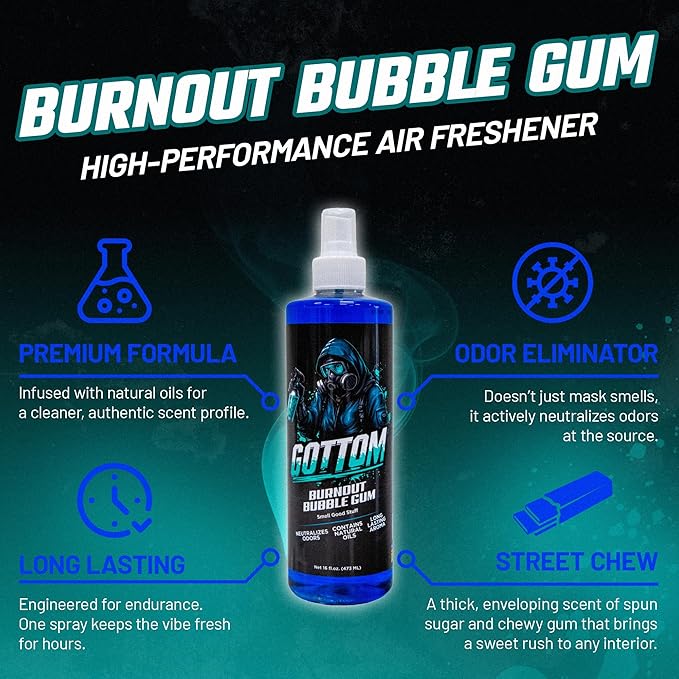 Gottom Air Freshener Spray - Long Lasting Odor Eliminator - 16 oz (Burnout BubbleGum) - Car Scent, Auto Odor Remover, Fresh Fragrance, Air Freshener for Trucks, SUVs, RVs, New Car Smell