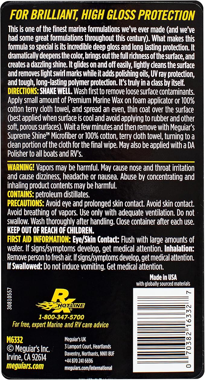 Meguiar’s Flagship Premium Marine Wax, M6332, Easy-to-Use Boat Polish and Wax that Removes Swirls, Scratches, and Oxidation While Adding Long-Lasting Protection, Gifts for Car Lovers, 32 Oz