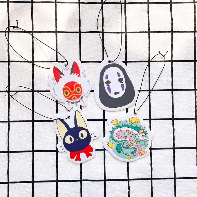 Pounchi Japanese Anime Car Air Freshener Cards (4 Pack Refreshing Ice Scent) Cute Anime Accessories for Car Interior Hanging Gift Rearview Pendant Supplies