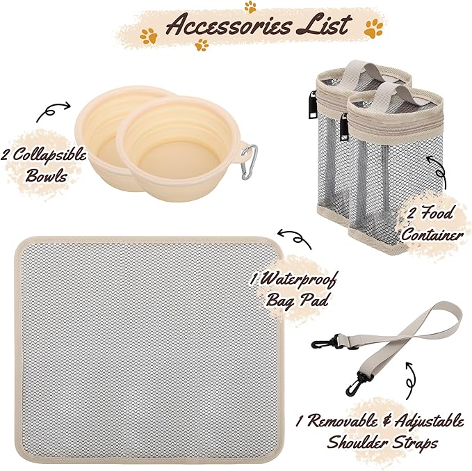 Modoker Dog Travel Bag Organizer for Supplies with 2 Food Containers, 2 Collapsible Bowls & Feeding Mat, Airline Approved Dog Travel Accessories Duffel Bag for Weekend Trips, Camping & Beach, Beige
