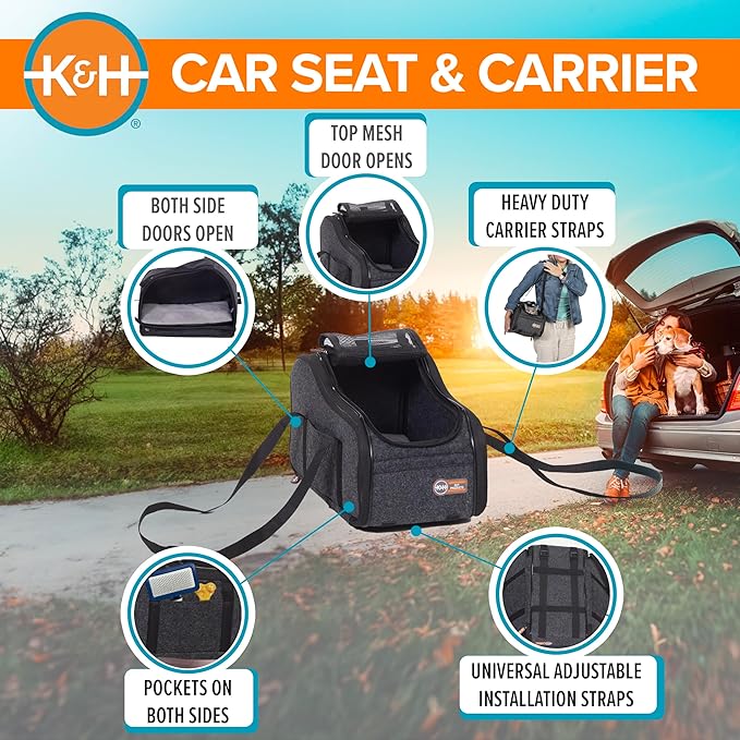K&H Pet Products Center Console Dog Car Seat for Small Dogs & Cats, Secure Armrest Booster Pet Carrier with Safety Tether, Zippered Enclosure, 2 Pockets, Washable Plush Pad, for Pets Under 8 lbs.