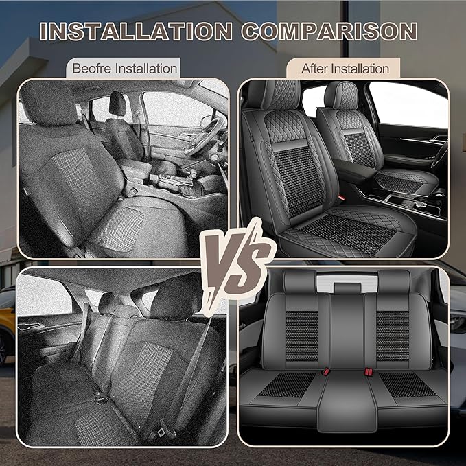 TTX LIGHTING for Hyundai Kona 2018-2026 Car Seat Covers, Breathable Ice Silk & Leather Seat Protector, Cool & Anti-Sweat for Long Driving, Airbag Compatible, 5 Seats Full Set (Black&Gray)