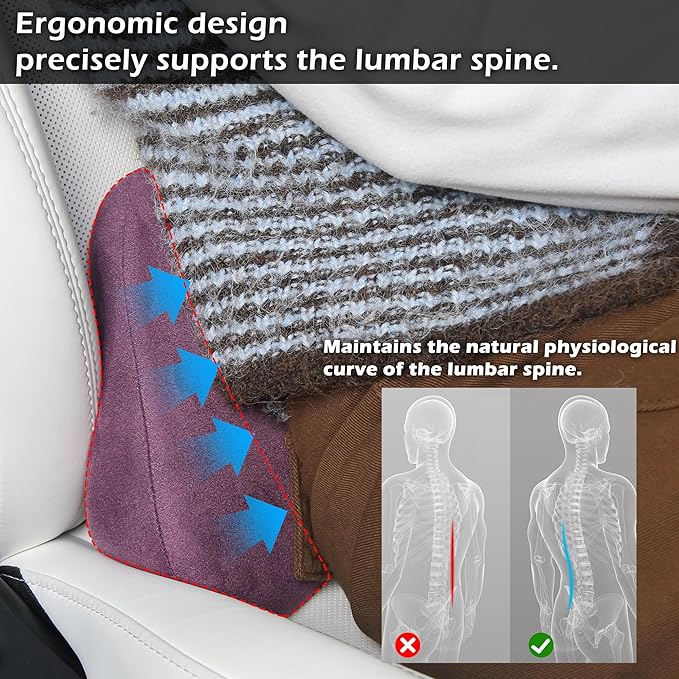 Lumbar Support Pillow for Car, Ergonomic Memory Foam Back Cushion for Driving, Seat Office Chair, Gaming Chair, Lower Back Support for Back Pain Relief, Purple, 2 Pack