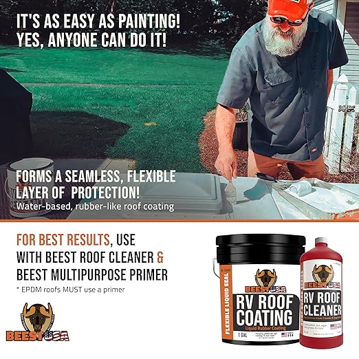 BEEST RV Roof Coating White, 1 Gallon Covers up to 50 sq ft (2 Coats), Solar Reflective & Waterproof Sealant| Elastomeric Leak Repair Coating, Liquid Rubber RV Roof Sealant for Trailers, Camper & More