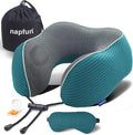 napfun Neck Pillow for Traveling, Upgraded Travel Neck Pillow for Airplane 100% Pure Memory Foam Travel Pillow for Flight Headrest Sleep, Portable Plane Accessories, Teal Striped Kit