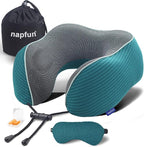 napfun Neck Pillow for Traveling, Upgraded Travel Neck Pillow for Airplane 100% Pure Memory Foam Travel Pillow for Flight Headrest Sleep, Portable Plane Accessories, Teal Striped Kit