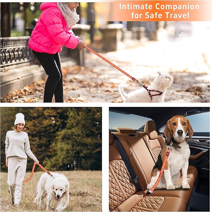 3-Piece Dog Car Harness Set - Retractable, Adjustable, Reflective Dog Seatbelt for Vehicle Headrests, Heavy Duty & High Elastic, Orange