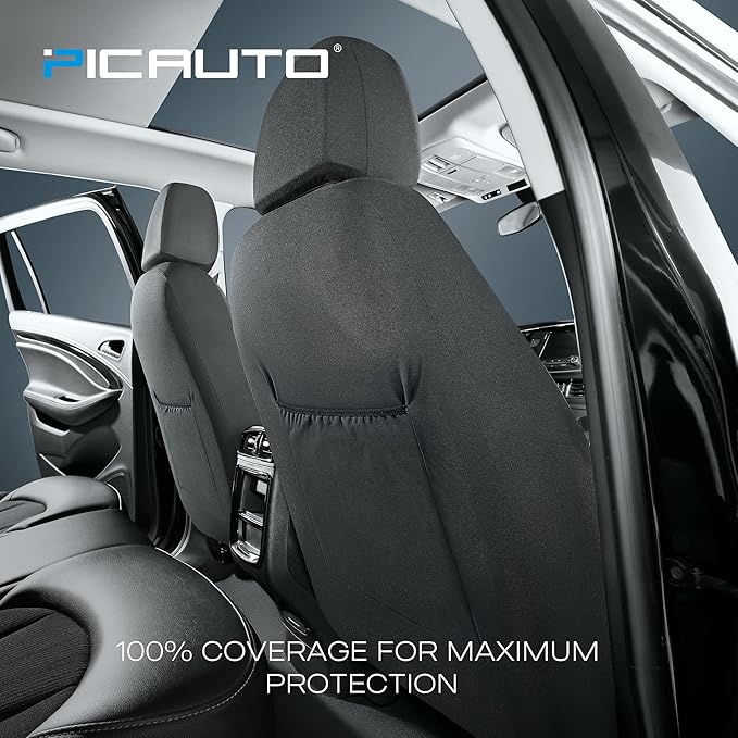 PIC AUTO Leather Car Seat Covers, Premium Automotive Waterproof Two Front Bucket Seat Protectors, Black and Black PVC Patchwork, Fits Cars, Trucks, Vans, SUVs, Airbag Compatible