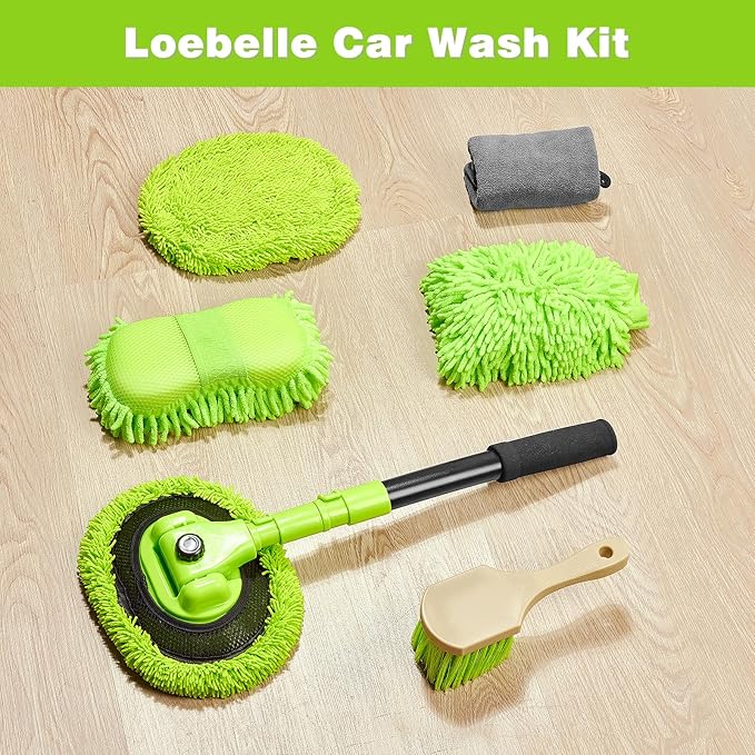 Car Wash Brush Kit with 15° Curved Long Handle, Car Cleaning Kit with 2 Replaceable Car Washing Mop, Wash Sponge, Mitt, Towel, Tire Brush, Cleaning Tools for Cars RV SUV Truck (Green)