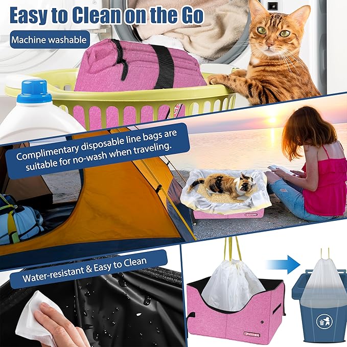 Petskd Portable Travel Litter Box for Cats with Lid and 10 pcs Liner Bags, Light Weight, Leak-Proof and Higher Sides for Road Trips, Hotel Stays, Car Travel(Pink)