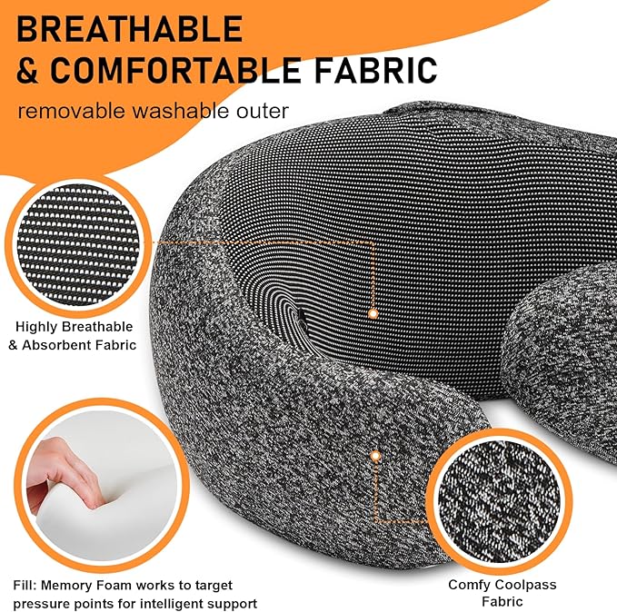 Travel Pillow - Hooded Neck Pillow Airplane Memory Foam Filling for Plane, Office, Cars Sleeping, Road Trip, Long Flights, Portable Plane Accessories, Includes Eye Mask & Earplugs (Full Blue)