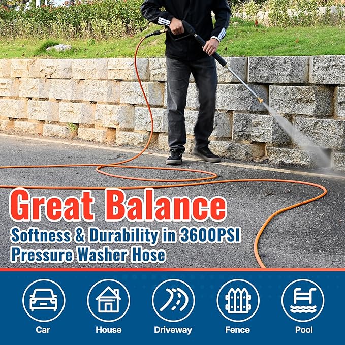 YAMATIC Pressure Washer Hose 25 FT, 1/4 Inch 3600 PSI Power Washer Hose M22, Flexible High Pressure Kink Resistant, Copper Connectors – Replacement Pressure Washing Hose for Car and Outdoor Cleaning