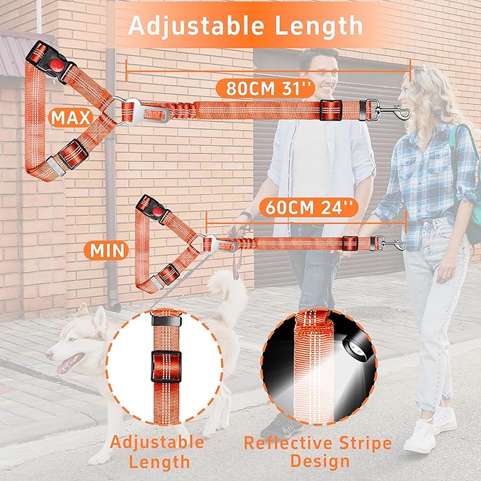 3-Piece Dog Car Harness Set - Retractable, Adjustable, Reflective Dog Seatbelt for Vehicle Headrests, Heavy Duty & High Elastic, Orange