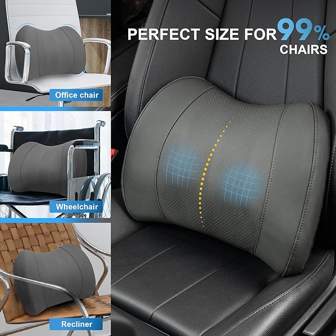 Lumbar Support Pillow for Car, Memory Foam Lumbar Pillow for Lower Back Pain Relief - Back Cushion for Driving, Chair Support for Car-Office Chair, Wheelchair - Classic Dark Grey