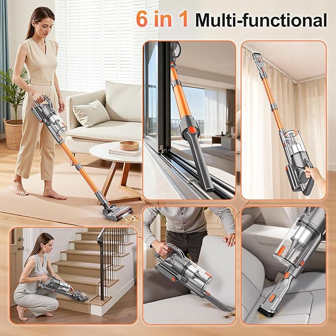 Cordless Vacuum Cleaner, 600W 50KPA 55Mins Vacuum Cleaners for Home, Stick Vacuum with LED Display, Anti-Tangle, Wall Mount, Lightweight, Rechargeable Wireless Vacumm for Pet Hair, Carpet and Floor