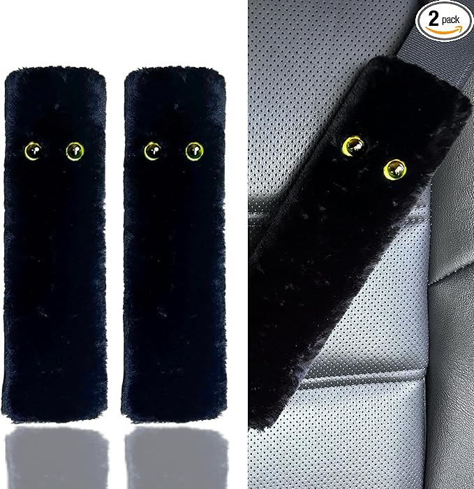 Black Cat Panther Seat Belt Strap Cover Pad, Cute Funny Interior Car Accessories Decor, for Auto Truck Pickup 2025, Artificial Soft Wool, Fluffy Shoulder Neck Cushion Protector, 2 PCS