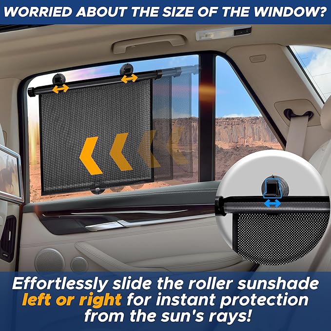 EcoNour Car Side Window Sun Shade (2 Pack) | Retractable Roller Sunshade for Kids | Baby Car Window Shades for UV and Sun Glare Protection | Baby Travel Accessories (15"x17")