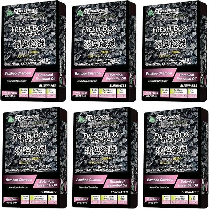 Treefrog Xtreme Fresh Box Charcoal White Peach Scent 6-Pack Car Air Freshener, Deodorizer and Neutralizer air, Plus Smelling Great, Black Bamboo Charcoal, Generously Large Size 200g.