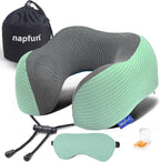 napfun Neck Pillow for Traveling, Upgraded Travel Neck Pillow for Airplane 100% Pure Memory Foam Travel Pillow for Flight Headrest Sleep, Portable Plane Accessories, Turquoise Striped Kit