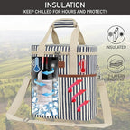 opux 6 Bottle Carrier Tote | Insulated Padded Wine Cooler Bag for Travel. Picnic, BYOB | Portable Leakproof Wine Tote Bag for Dinner, Party, Christmas, Wine Gift for Women, Men (Stripe Navy)