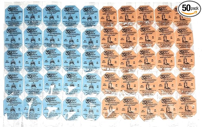 Bundle Pack - 50 pack of Wonder Wafer Car Air Freshener: 25 Clean Car, 25 New Leather, 2 scents 50 Count Individually Wrapped