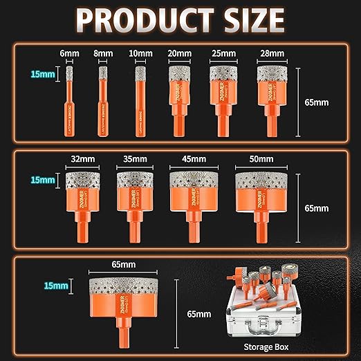 Diamond Hole Saw Kit for Tile, Ceramic, Granite, Marble and More Drilling - ZNXIMER 11pcs Tile Hole Saw Kit (6/8/10/20/25/28/32/35/45/50/65MM)