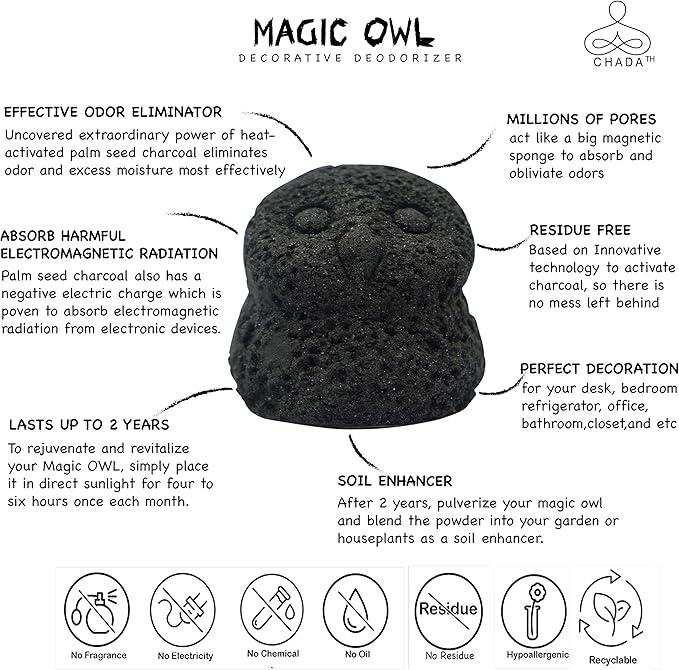Chada Magic Owl Activated Charcoal Deodorizer - Natural Odor Eliminator, No Chemicals, Absorbs Smoke, 270g