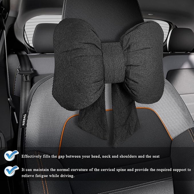 Bow Car Headrest Pillow, Breathable Ergonomic Auto Neck Cushion with Adjustable Strap, Comfy Vehicle Neck Support Pillow Cute Bow Girl-Style Decoration for Driving Seats (Black)
