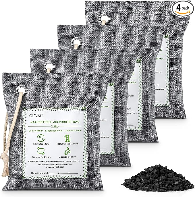 CLEVAST Bamboo Charcoal Air Purifying Bags - (Large, 4×200g), Removes Odors and Moisture, Nature Fresh Air Purifier Bags, Odor Eliminator for Home, Car, Pets, Bathroom, Basement