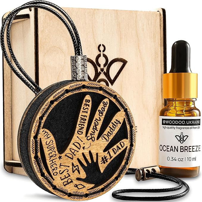 Handmade Wood Car Air Freshener — Father’s Hands Designed Refillable Essential Oil Diffuser — Long Lasting Ocean Breeze Fragrance Oil 10 ml — Car Accessories Gift Box