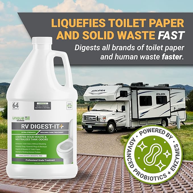 Unique RV Digest-It+, Extra-Strength RV Toilet Treatment - Liquifies Waste and All Brands of Toilet Paper - Odor Eliminator (128 oz) (Pack of 2)