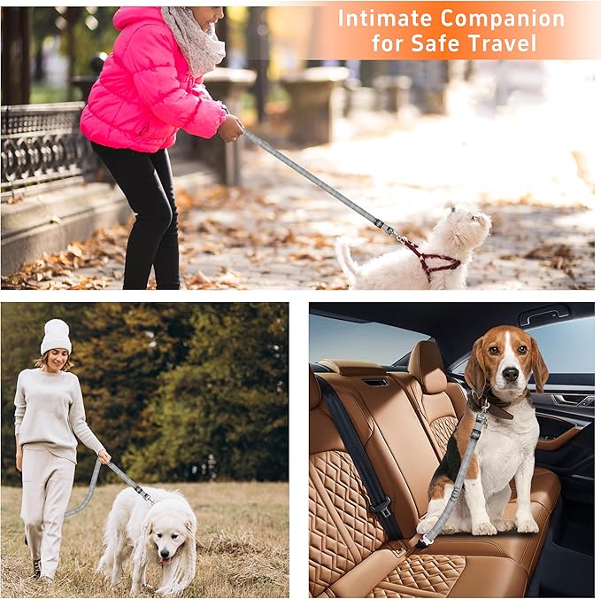 Retractable Dog Harness with Adjustable Seatbelt and Reflective Strap for Vehicle Safety, Heavy Duty & High Elastic Tension, Grey