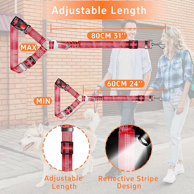 3-Piece Reflective Dog Seatbelt Set - Retractable, Heavy-Duty, Adjustable for Vehicle Headrests - Red