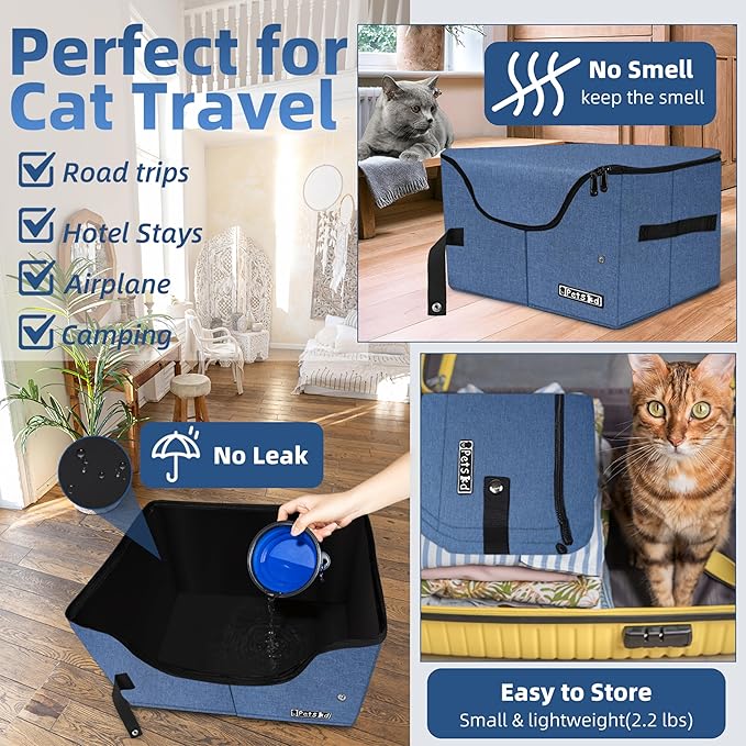 Petskd Portable Travel Litter Box for Cats with Lid and 10 pcs Liner Bags, Light Weight, Leak-Proof and Higher Sides for Road Trips, Hotel Stays, Car Travel(Blue)