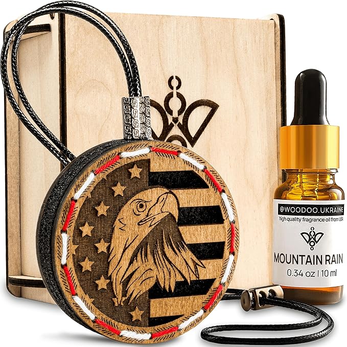 Handmade Wood Car Air Freshener — American Flag Designed Refillable Essential Oil Diffuser — Long Lasting Mountain Rain Fragrance Oil 10 ml — Car Accessories Gift Box