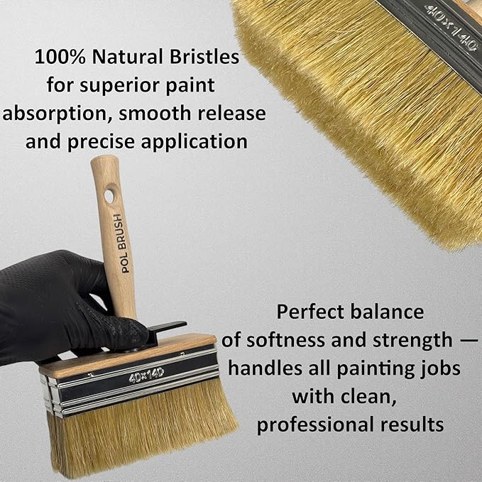 Set of 3 4, 5, 6 Inch Stain Deck Wide & Thick Paint Brushes - High European Quality - Natural Bristles - for Home, Wood, Walls, Art, Trim & Furniture - Acrylic, Oil, Stain, Chalk & Latex Paints