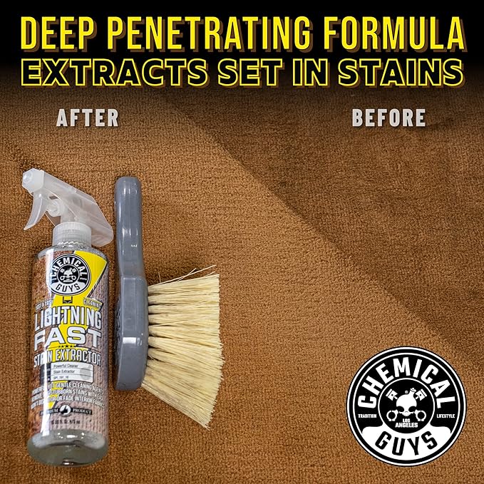 Chemical Guys SPI_191_16B Carpet & Upholstery Stain & Spot Remover Bundle - (1) 16 fl oz Lightning Fast Stain Extractor & (1) Nifty Detailing Brush, (Cars, Trucks, SUVs, RVs, Home, Interior, Pets)
