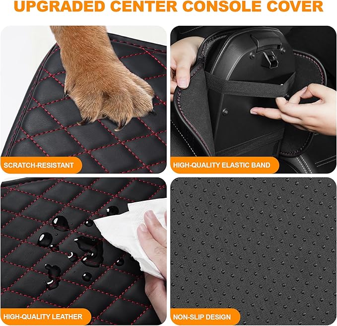 Center Console Cover for Cars Fit for Jeep Wrangler Leather Armrest Covers with 2 Storage Bags(Black&Red)
