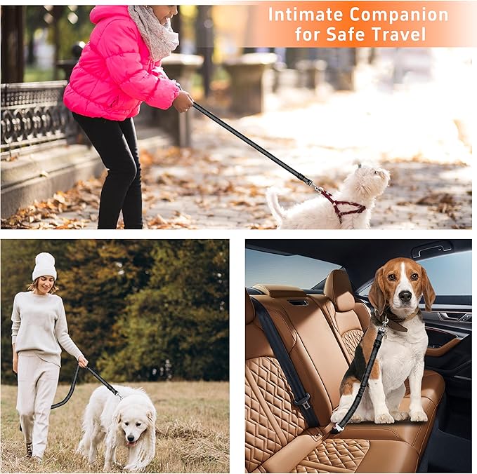 Dog Car Seat Belt Set - 3 Piece Retractable Harness, Adjustable Reflective Seatbelt for Vehicle Headrests, Safety Restraint, Heavy Duty & High Elastics, Black