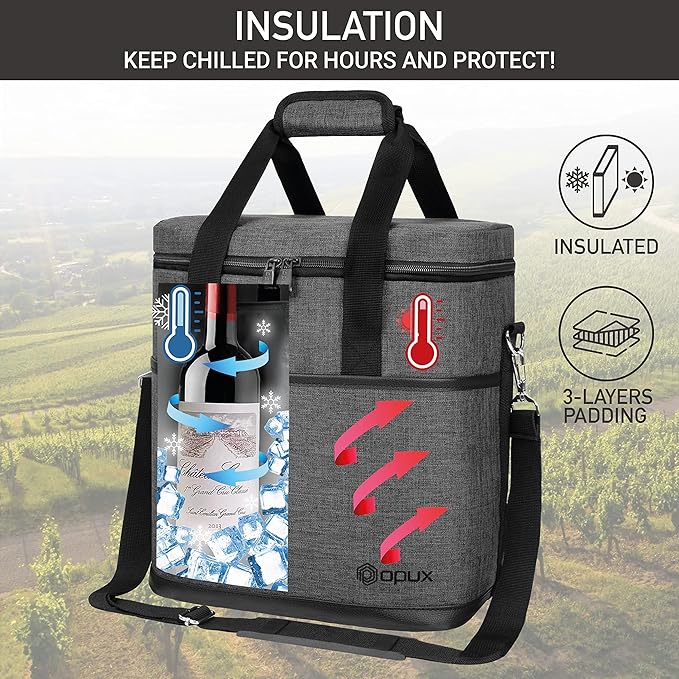 opux 6 Bottle Carrier Tote | Insulated Padded Wine Cooler Bag for Travel. Picnic, BYOB | Portable Leakproof Wine Tote Bag for Dinner, Party, Christmas, Wine Gift for Women, Men (Charcoal Gray)